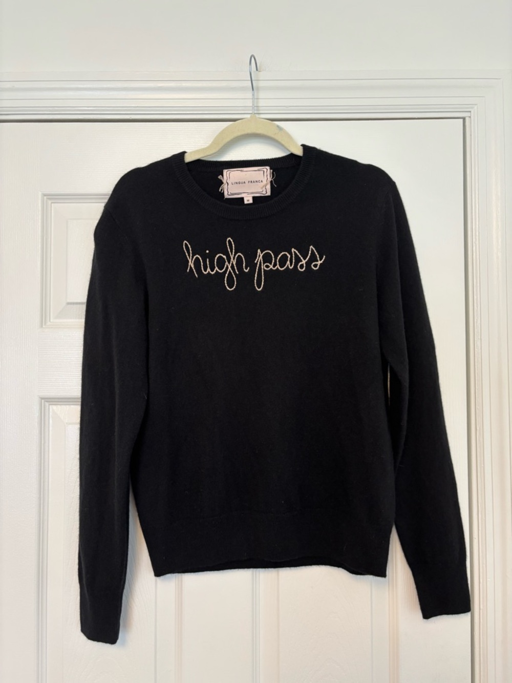 Lingua Franca High Pass Cashmere Sweater Medium Black Embroidered Crewneck